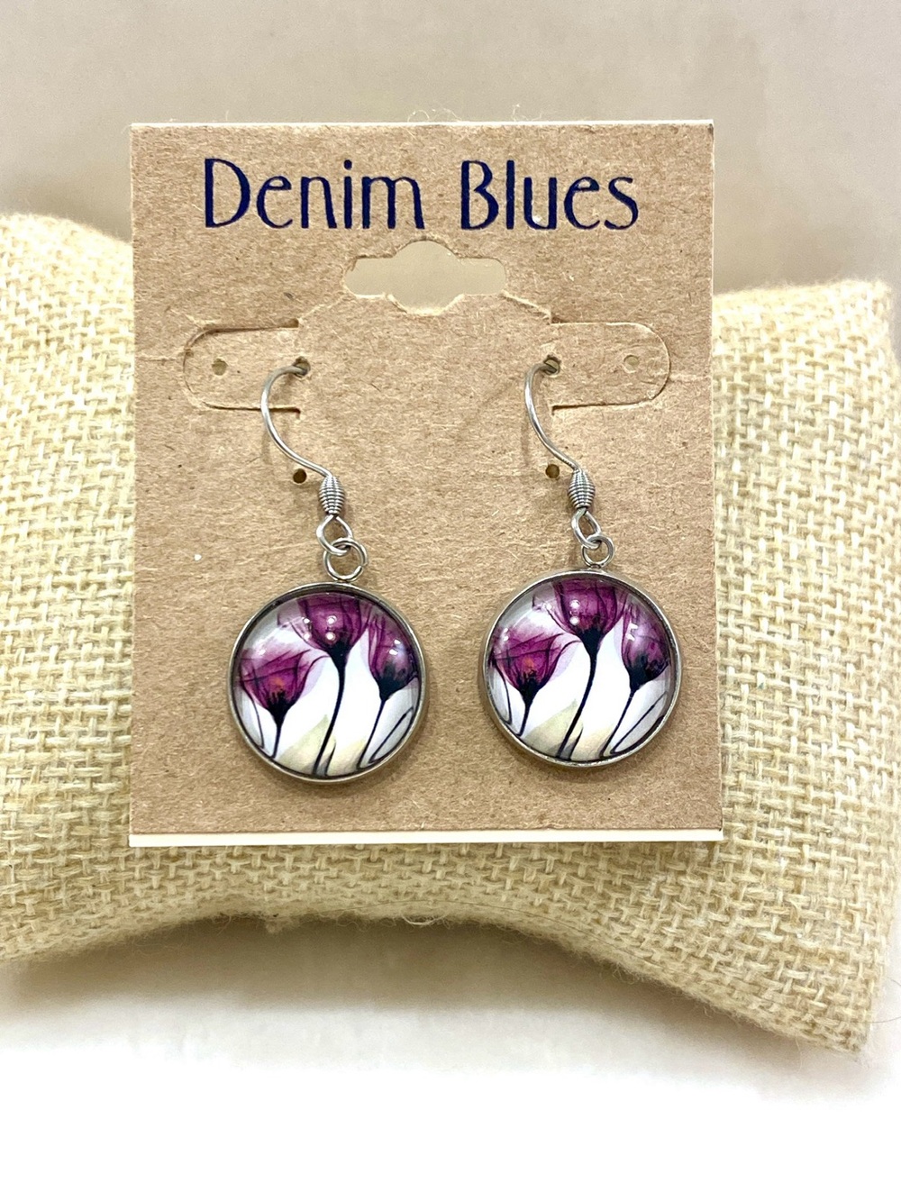 Purple Floral Drop Earrings with Silver Hooks